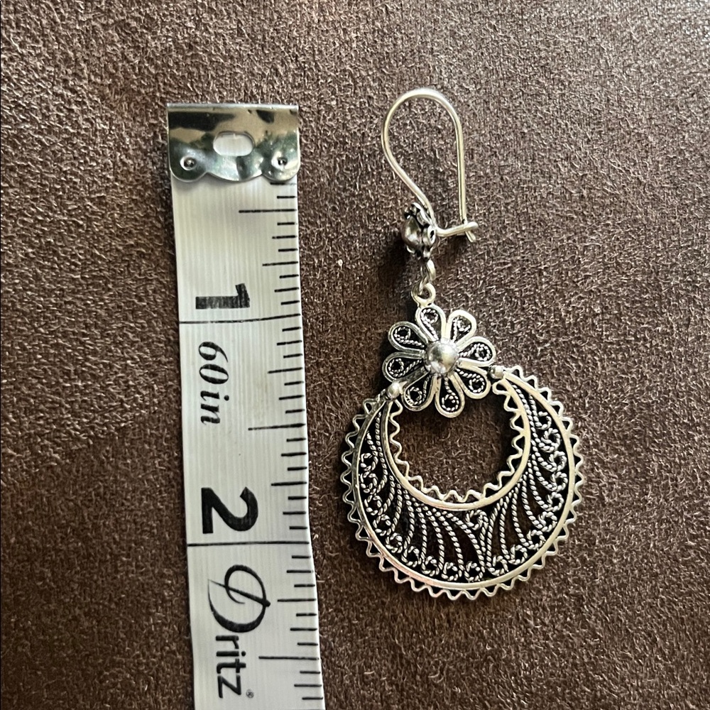 Sterling Silver Turkey Signed Filigree Crescent Moon Floral Dangle Earrings - Picture 7 of 11